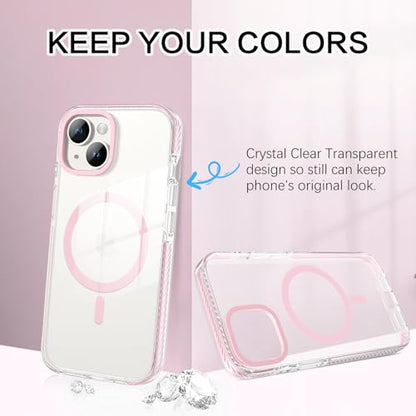 GUAGUA Magnetic for iPhone 14 Case & iPhone 13 Case, [Compatible with Magsafe] Military Shockproof Protective Bumper Cute Transparent Slim Anti-Yellowing Phone Cover for iPhone 14/iPhone 13,Clear Pink - size: iPhone 14/iPhone 13