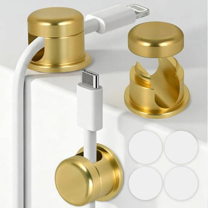 Wider Base Strong Adhesive Desk Cord Holder 3 Pack, Aluminum Gold