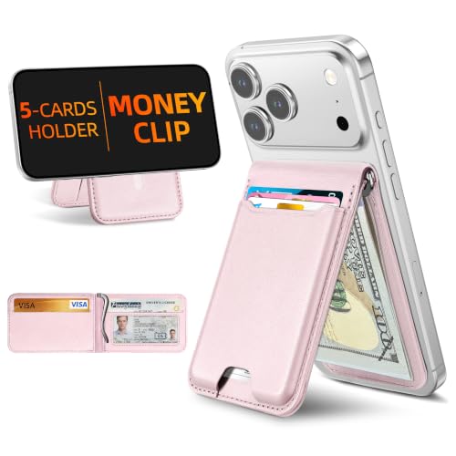 For Magsafe Wallet with Money Clip, 5 Card Holder, Adjustable Stand | Strongest Magnetic Wallet for iPhone 17/16/15/14/13/12 Series, ID Window, RFID Blocking, Not for 13/12 Mini, Baby Pink - color: Baby Pink