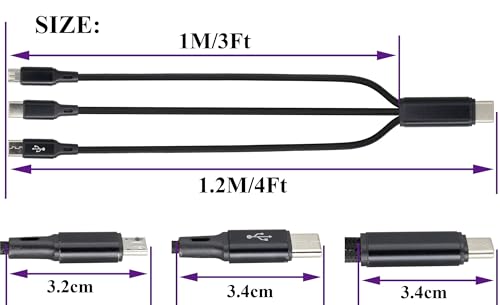 2Pack/4Ft 3 in 1 USB C Splitter Cable USB C 2.0 Male to Dual Type C Male+Micro USB Male Charge Cable 2A Fast Charge,Compatible for Most Mobile Phones and Tablets Devices(Black-2Type C+1Micro)