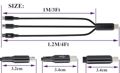 2Pack/4Ft 3 in 1 USB C Splitter Cable USB C 2.0 Male to Dual Type C Male+Micro USB Male Charge Cable 2A Fast Charge,Compatible for Most Mobile Phones and Tablets Devices(Black-2Type C+1Micro)