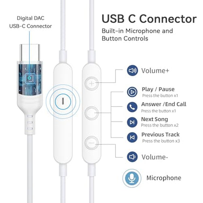 USB C Headphones for iPhone 17 16 Pro Max Samsung Galaxy S26 S25 S24 Ultra - color: White