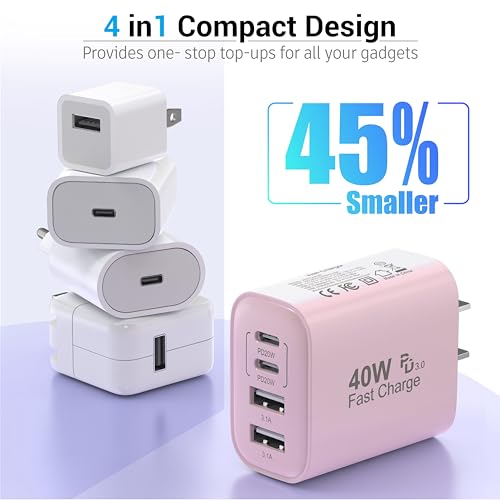 TT&C USB C Charger Block, 40W 4 Ports Wall Charger for iPhone 17,16,15,14 - color: Pink 1Pack