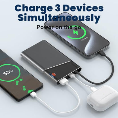 Aaoyun 10000mAh Portable Power Bank, 22.5W PD Fast Charging Battery Pack with Built-in USB-C Cable, Ultra-Slim External Phone Charger for iPhone 17/16/15, Samsung Galaxy S24, Android (Grey) - color: Grey