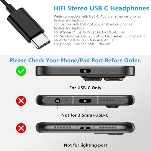 USB C Headphones for Samsung Phone, Wired Earbuds for Android Phone Samsung - color: Black