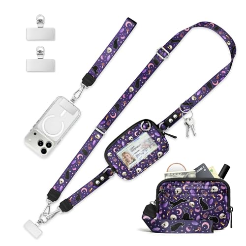 Clip and Go Strap for Phone with Wallet Crossbody Lanyard Goth Cat - color: Cats Skull