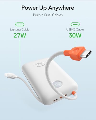 VIYISI Portable Charger 20000mAh 30W Fast Charging with Built-in 2 Cables - color: White