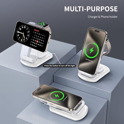 RYND 2026 Traveling Wireless Mag-Safe Fast Charging Station,Magnetic 3 in 1 Charger with Light for iPhone 16 15 14 13 12 Pro Max Plus,Apple Watch Series & Air pods 4 3 2 Pro-Gifts for Wife & Husband - color: Gray Blue