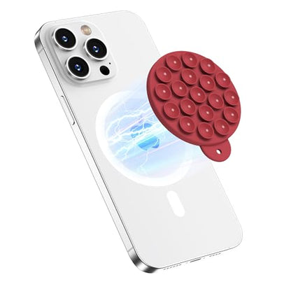 Magnetic Suction Cup Phone Mount with MagSafe, Silicone Hands-Free Grip Holder for iPhone Case and Android, Mirror Shower Phone Stand for Makeup FaceTime Gym Kitchen Bathroom, Deep Red - color: Deep Red