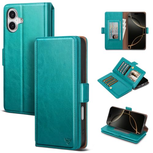 Compatible with iPhone 17 Case Wallet with Card Holder [7 Card Slot] Women Men,RFID Blocking Luxury PU Leather Phone Case Flip Folio Protector Cover Credit Card Slot Kickstand,Blue Green - color: Blue Green, size: iPhone 17