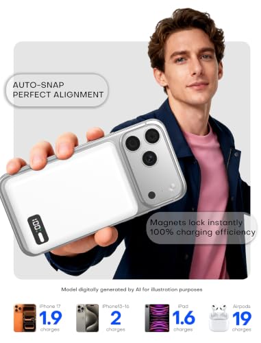 for Magsafe Power Bank Portable Charger 10000mAh Qi2 for iPhone 12-17 - color: White