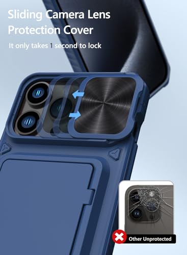 Vihibii for iPhone 15 Pro Max Case Wallet with Card Holder (4 Cards), Blue | Slide Camera Cover, Kickstand, Military Grade Drop Protection, Rugged Hard Back, Silicone Edge Wallet Phone Case, 2023, Blue - color: Blue, size: iPhone 15 Pro Max