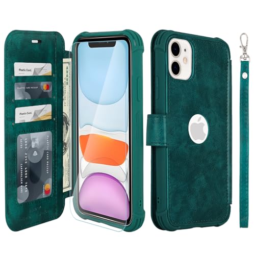 VANAVAGY Wallet Case for iPhone 11 6.1 inch, Midnight Green | 12ft Drop-proof Cover for Women Men, Silm PU Leather, RFID Blocking Card Holder, Wrist Strap, Screen Protector - color: Midnight Green