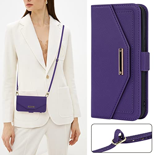 Crossbody Wallet for Google Pixel 7 Case with Strap,6.3",Purple | Long Shoulder Strap,Credit Card Holder, PU Leather, Handbag Purse, Kickstand, Make Up Mirror, Cover Case, for Women Girls - color: Purple