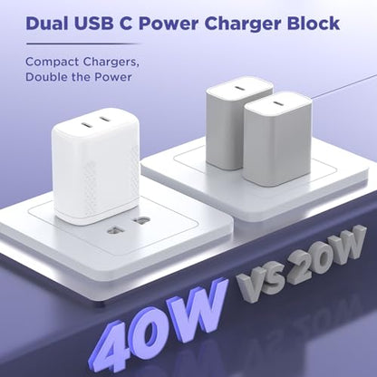 Essri 20W Gan Dual USB C Charger Block 2-Pack,PD 3.0 Fast Charging Wall Plug Power Adapter with Dual Type C Ports for iPhone 17/16/15/14/13 Pro Max,iPad Pro/Air/Mini,Galaxy S25 / S24,Google Pixel
