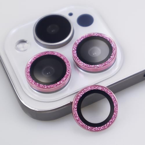 BONVAN for iPhone 15 Pro / 15 Pro Max / 14 Pro / 14 Pro Max Camera Lens Protector Bling Glitter Metal Crystal Tempered Glass Screen Accessories Lens Cover (Pink) - color: Pink