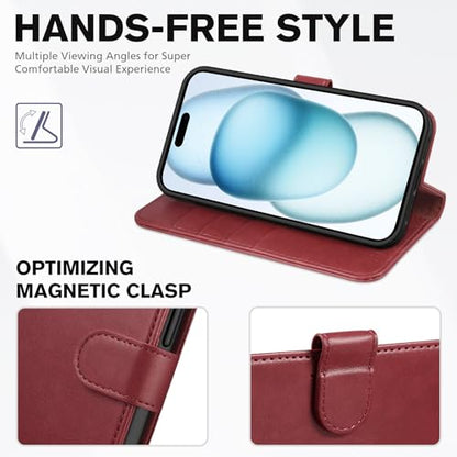 TUCCH Case Wallet for iPhone 15 (6.1") 2023, RFID Blocking Folio, Dark Red | 4 Card Holders, Kickstand, PU Leather, Magnetic Closure, Shockproof TPU Shell, Protective Flip Cover - color: Dark Red