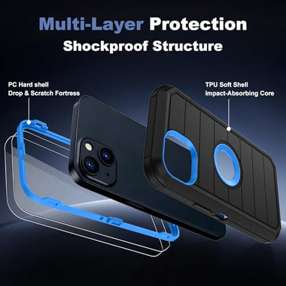 for iPhone 14 Case & iPhone 13 Case, Military-Grade Drop Protection 3-Layer Rugged Shell with Screen Protector, Full-Body Non-Slip Shockproof Heavy Duty Protective Bumper Phone Cover (Black Blue) - color: Black Blue