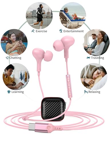 USB C Headphones for iPhone 18 Pro Max 17 16 15/Galaxy S26 FE Wired Earbuds - color: Rose-Pink