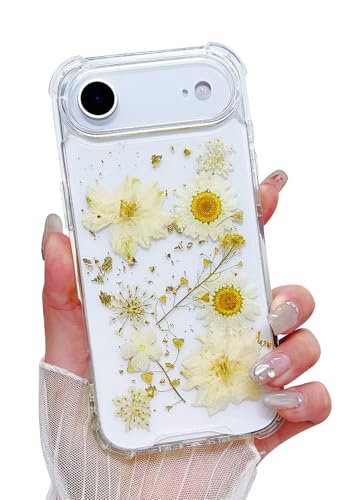 Compatible with iPhone 17 Air Case Clear Flowers Shockproof | Handmade Natural Pressed Dried Real Flower Gliter Shockproof TPU Slim Protective phone cover for women girls - color: White Flower, size: iphone Air