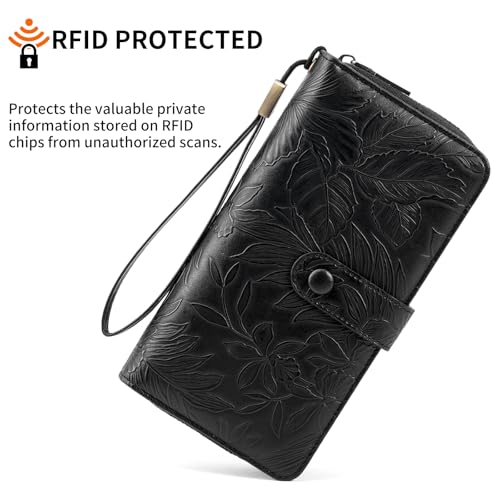 SENDEFN Women's Credit Card Holder RFID Blocking Zip Around Leather Wallet Large Capacity Long Purse with Wristlet - color: Black