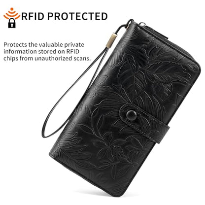 SENDEFN Women's Credit Card Holder RFID Blocking Zip Around Leather Wallet Large Capacity Long Purse with Wristlet - color: Black