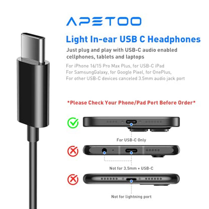 USB C Headphones Magnetic Wired Earbuds with Mic Volume Control 4ft Black - color: Black