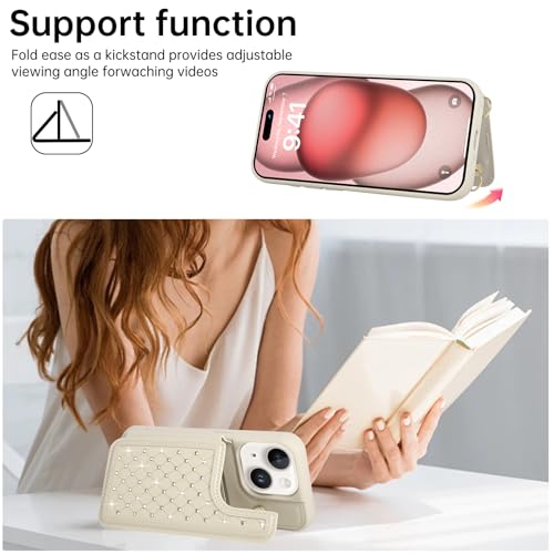 for iPhone 11 Wallet Case with Card Holder Slots and Strap, RFID Blocking Magnetic Flip Folio Cover, Crossbody Purse Protection Case with Kickstand,Beige Diamond - color: Beige Diamond, size: iPhone 11(6.1")