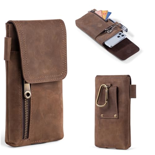 Top Grain Leather Cell Phone Holster Belt Pouch Case with Belt Clip - color: Retro Brown