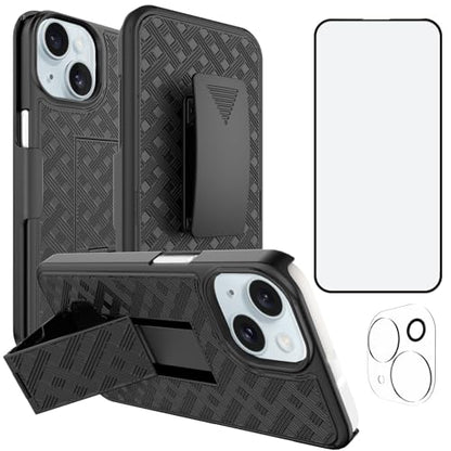 for iPhone 15+ Plus Belt Clip Case Holster, Screen Protector-Black | Camera Lens Protector, Swivel Kickstand Holder, Slim Shell Pouch Full Body Protective, Shockproof Outdoor Cell Phone Cover - size: iPhone 15 Plus