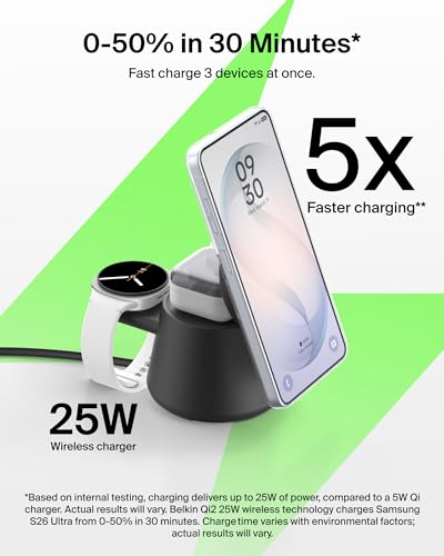 Belkin Qi2.2 25W Magnetic Wireless Charging Station, 3 in 1 Samsung Charger - color: Black