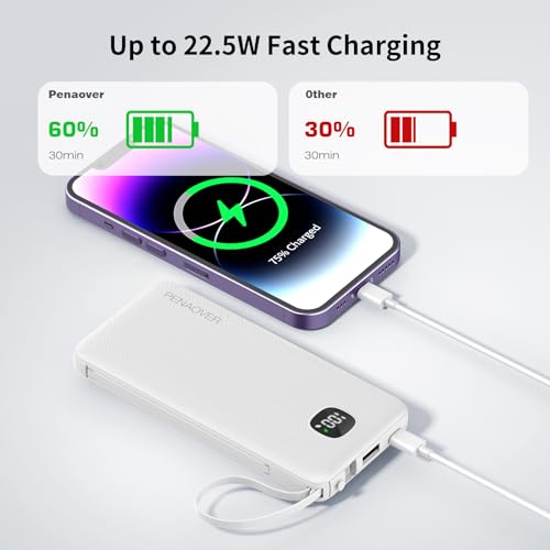 Portable Charger 10000mAh 22.5W Power Bank,Built-in 3 Cables & AC Wall Plug - color: Matte White