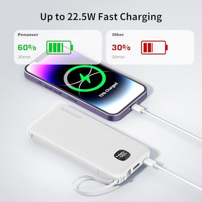 Portable Charger 10000mAh 22.5W Power Bank,Built-in 3 Cables & AC Wall Plug - color: Matte White