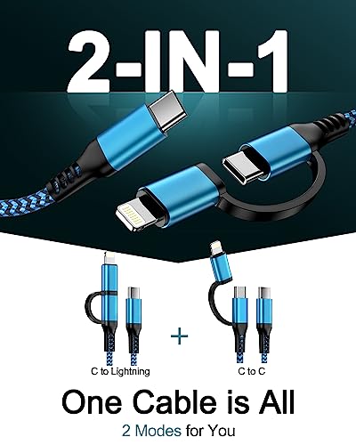 USB C to Lightning&USB C Cable, 2-in-1/6ft USB C Multi Charging Cable Cord - color: Blue