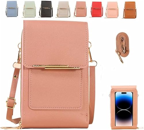 Anti Theft Leather Bag, Touch Screen Crossbody Phone Purse, Crossbody Purses for Women, 2‑in‑1 Wallet, Adjustable - color: Pink