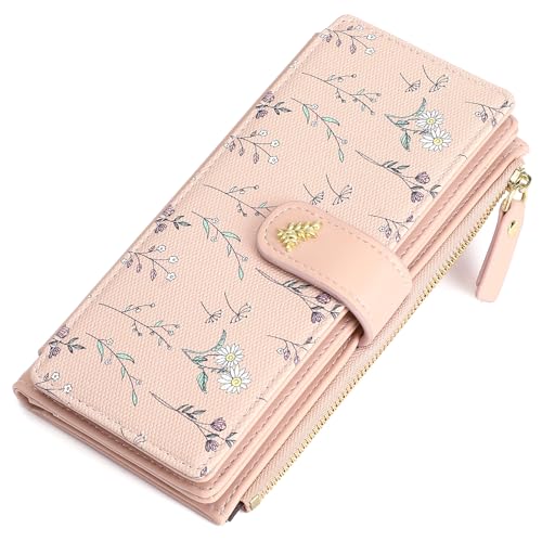 GAEKEAO Womens Wallet RFID Blocking Trifold Large Capacity Ladies Vegan Leather Wallet Floral Multi Card Holder Organizer - color: Y05-Pink