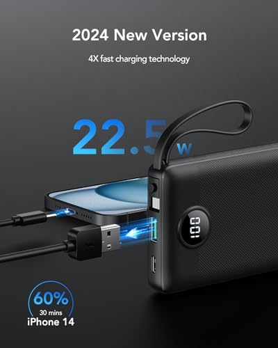 VRURC Portable Charger, 20W PD Fast Charging Power Bank Built in 4 Cables - color: Black