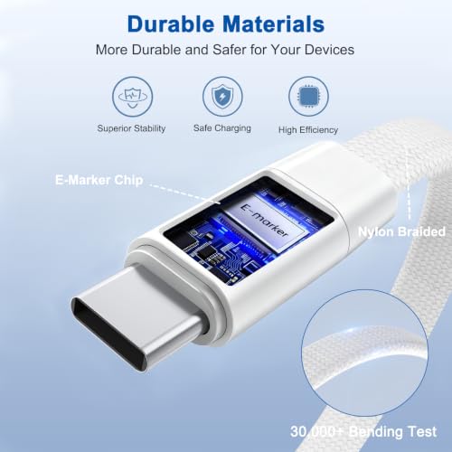 USB C to USB C Charger Cable 3Pack 5FT, 240W 2-in-1 Nylon Braided USB C Charger Cable with Built-in Phone Stand, Fast Charging Cord 90° Right Angle Compatible with iPhone iPad Samsung Galaxy, White - color: White