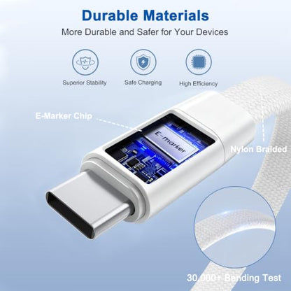 USB C to USB C Charger Cable 3Pack 5FT, 240W 2-in-1 Nylon Braided USB C Charger Cable with Built-in Phone Stand, Fast Charging Cord 90° Right Angle Compatible with iPhone iPad Samsung Galaxy, White - color: White