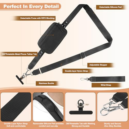 YFWE Clip and Go Strap for Phone with Wallet Crossbody, Adjustable Phone Lanyard with Detachable RFID Wristlet Wallet, Black (L) - color: Black, size: Large