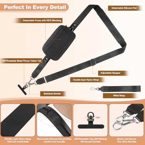 YFWE Clip and Go Strap for Phone with Wallet Crossbody, Adjustable Phone Lanyard with Detachable RFID Wristlet Wallet, Black (L) - color: Black, size: Large