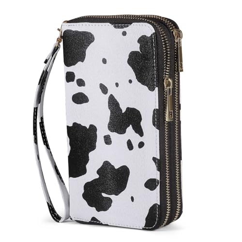 RFID Wallet for Women with Cellphone Pocket - Double Zipper Wristlet Purse Large Capacity, 17 Card Slots, Coin Pocket, ID Window, Cow Print - color: Cow
