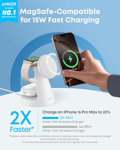 Anker MagSafe Charger Compatible, MagGo 3-in-1 Qi2 15W Charging Station - color: White