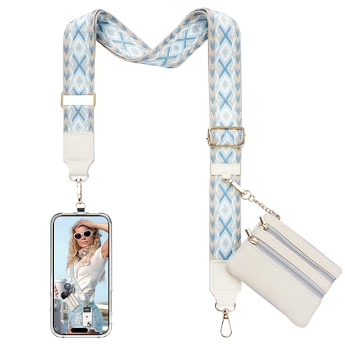 TiMOVO Clip and Go Phone Strap Crossbody with Leather Wallet, Adjustable Anti-Theft Lanyard with Pouch for Most Phone Case - color: Rhombus Blue