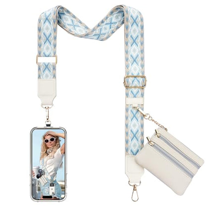TiMOVO Clip and Go Phone Strap Crossbody with Leather Wallet, Adjustable Anti-Theft Lanyard with Pouch for Most Phone Case - color: Rhombus Blue