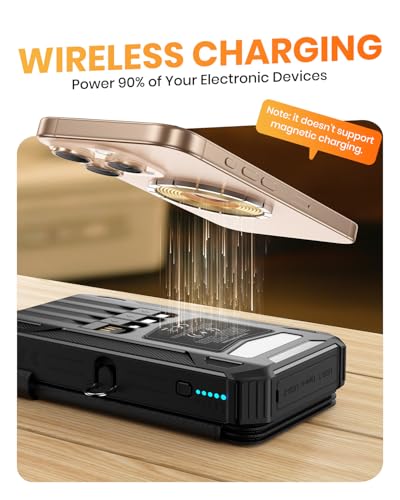 Solar Power Bank 48000mAh Built in 4 Cables, Wireless Portable Charger - color: Deep black