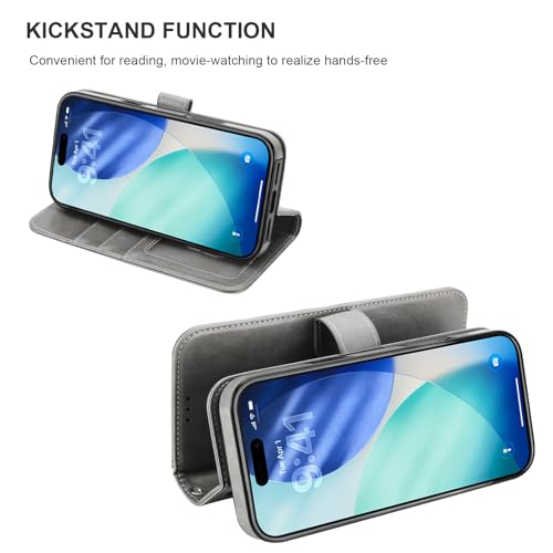 Bocasal Detachable Wallet Case Card Holder for iPhone 17 Pro Max Grey | RFID Blocking Kickstand Card Slots Holder PU Leather Magnetic Shockproof Wrist Strap Removable Flip Protective Cover 6.9 inch - color: Gray