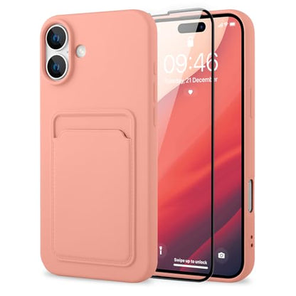 MZELQ Compatible with iPhone 16 Case Card Holder -Pink | Wallet Cover,Camera Protection + Screen Protector Soft Card Slot Phone Case - color: Pink, size: iPhone 16