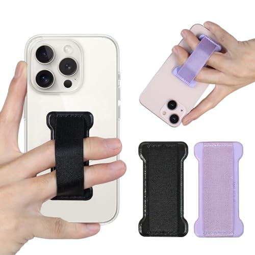 Phone Grip Holder for Hand, Universal Finger Strap Phone Holder, Finger Selfie Grip Compatible with Most Smartphones (Black Purple) -2Pack - color: Black+Purple