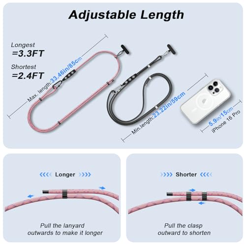 Phone Strap Crossbody Phone Lanyard with 2 Phone Tabs,Adjustable Anti Theft Phone Strap for iPhone Around with Hanging Loops ,Skin-Friendly,Universal Cell Phone Neck lanyard for Outdoor Travel (Pink) - color: Pink